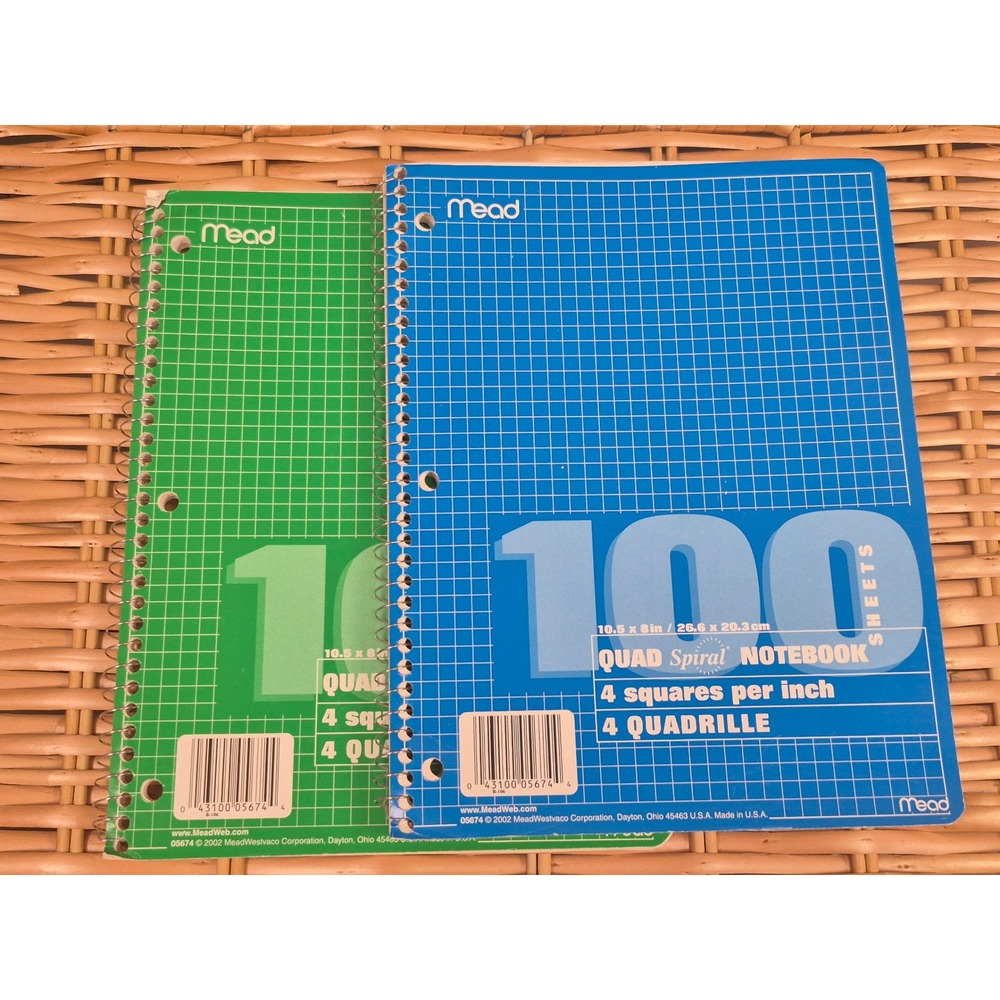 Mead Quad Spiral Notebooks 100 Sheet 4x4 Graph Paper 10.5x8 Set of 2 Made in USA